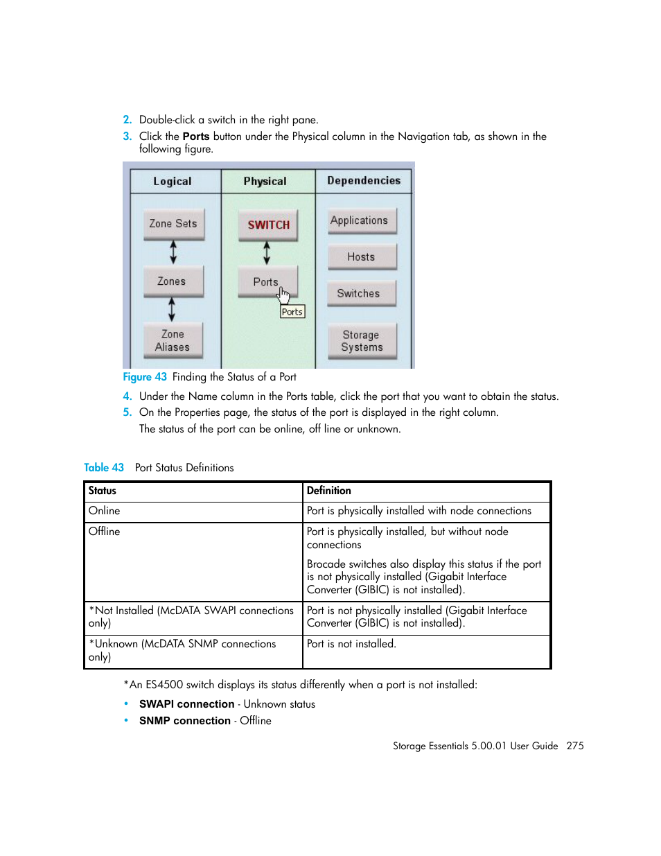 43 finding the status of a port, 43 port status definitions | HP Storage Essentials NAS Manager Software User Manual | Page 305 / 702
