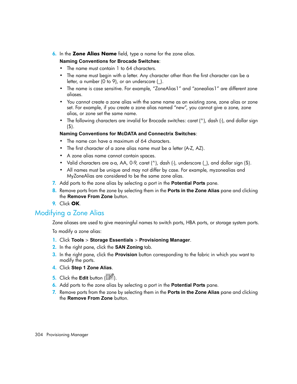 Modifying a zone alias | HP Storage Essentials NAS Manager Software User Manual | Page 334 / 702