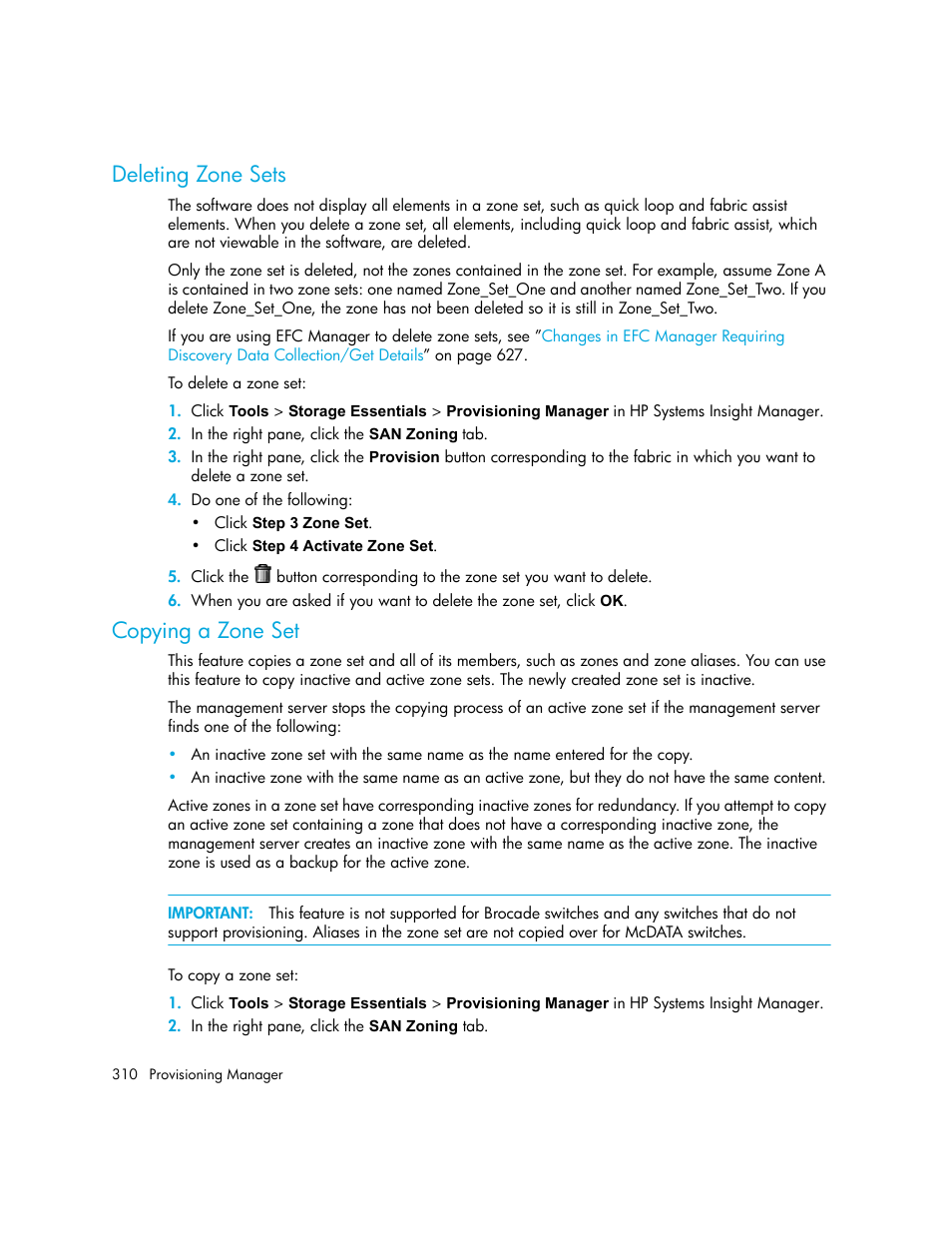 Deleting zone sets, Copying a zone set, Deleting | Zone sets | HP Storage Essentials NAS Manager Software User Manual | Page 340 / 702