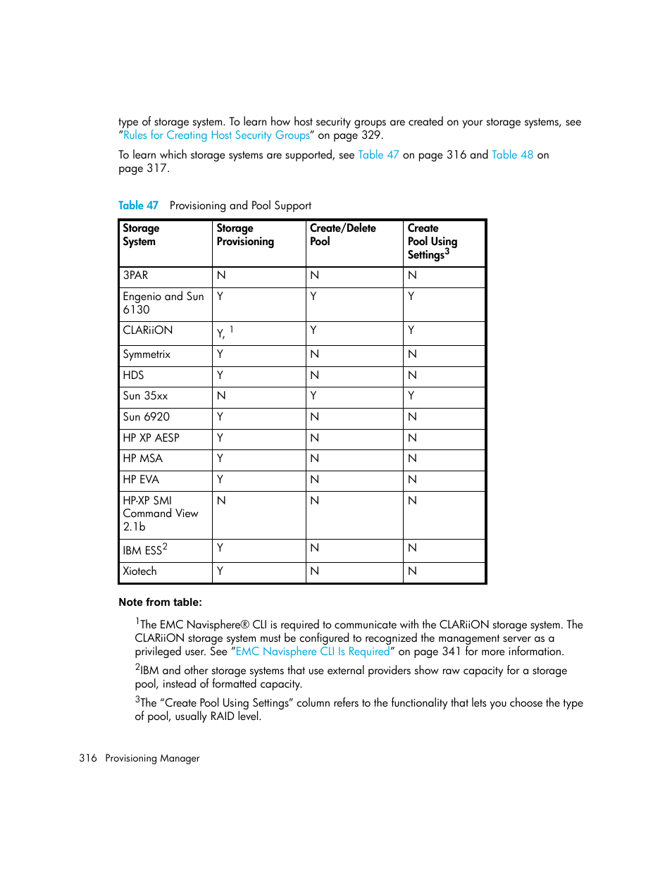 47 provisioning and pool support, Table 47 | HP Storage Essentials NAS Manager Software User Manual | Page 346 / 702