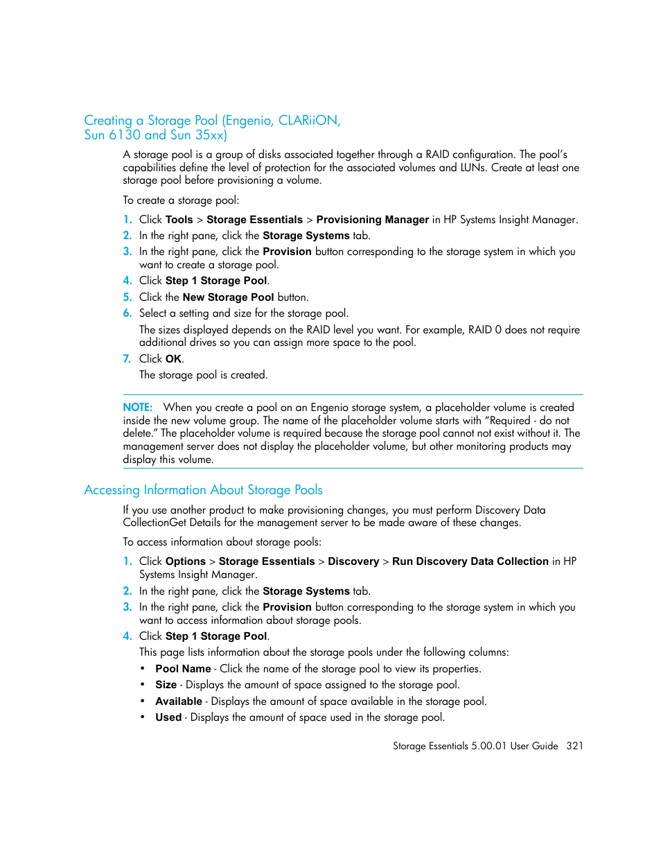 Creating a storage pool (engenio, clariion, Sun 6130 and sun 35xx), Accessing information about storage pools | Creating a storage pool (engenio, Clariion, sun 6130 and sun 35xx) | HP Storage Essentials NAS Manager Software User Manual | Page 351 / 702