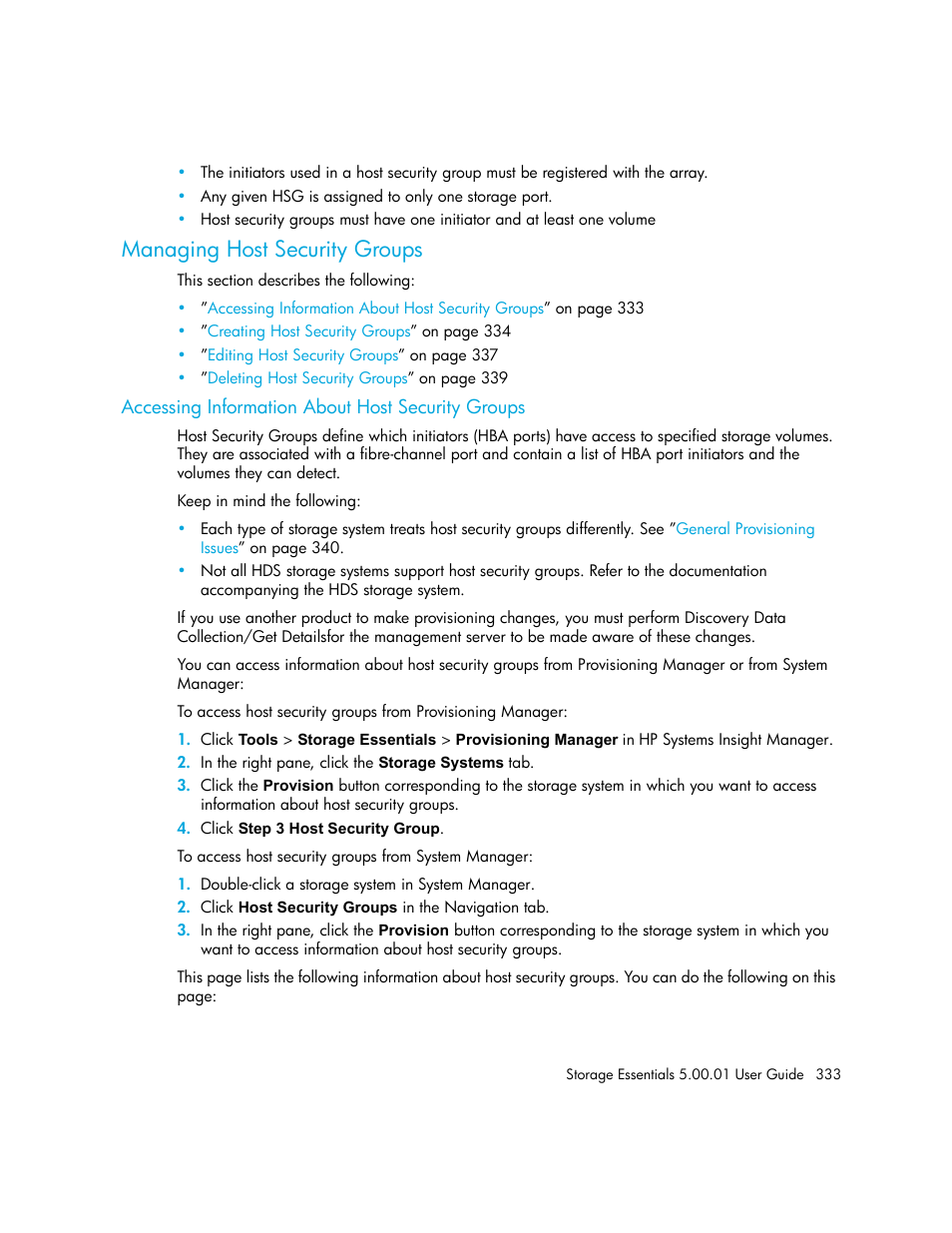 Managing host security groups, Accessing information about host security groups | HP Storage Essentials NAS Manager Software User Manual | Page 363 / 702