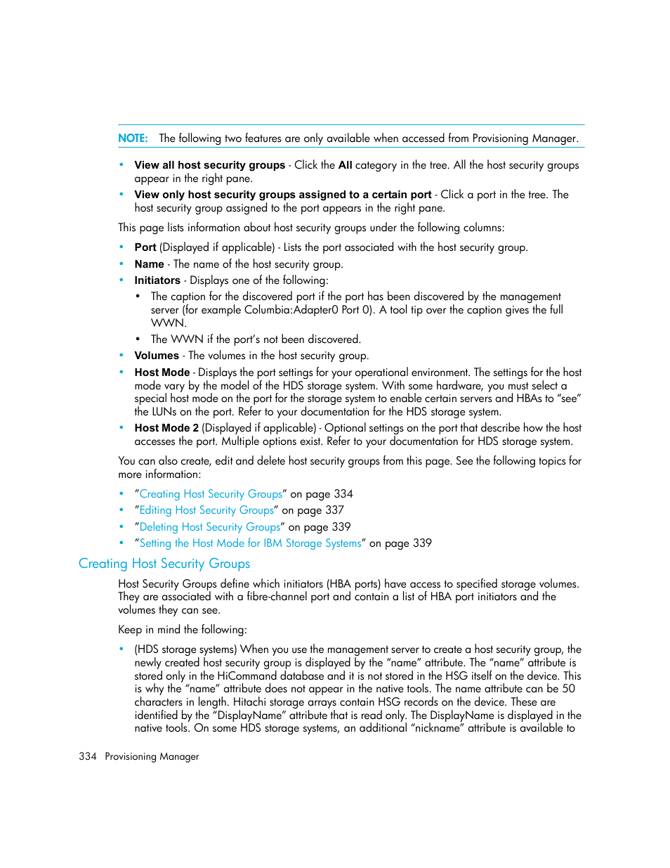 Creating host security groups, Creating host, Security groups | Table | HP Storage Essentials NAS Manager Software User Manual | Page 364 / 702