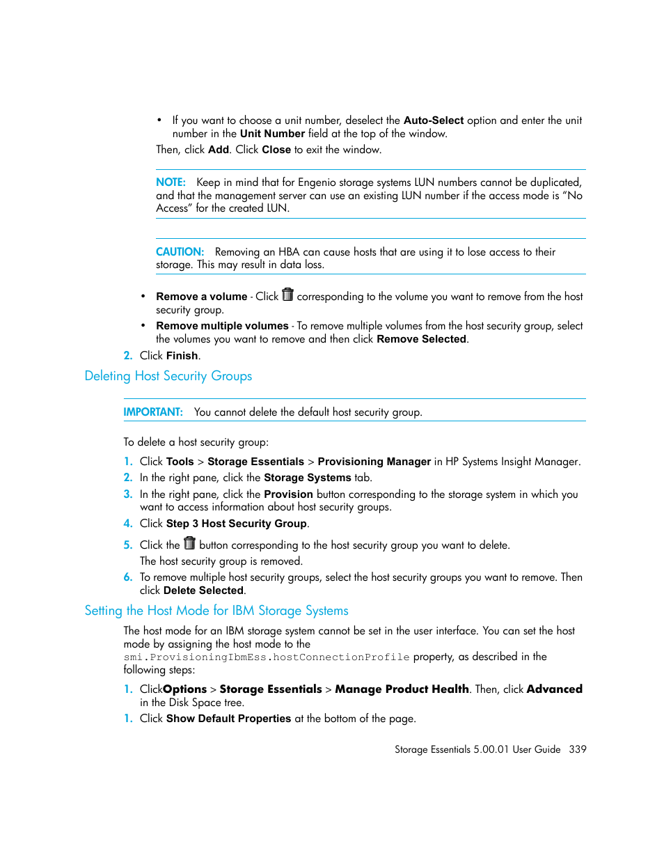 Deleting host security groups, Setting the host mode for ibm storage systems, Setting the host | Mode for ibm storage systems | HP Storage Essentials NAS Manager Software User Manual | Page 369 / 702