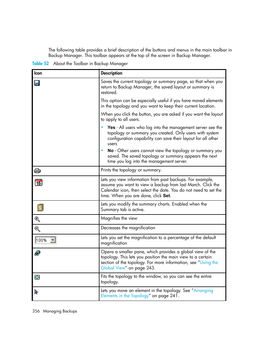 52 about the toolbar in backup manager | HP Storage Essentials NAS Manager Software User Manual | Page 386 / 702