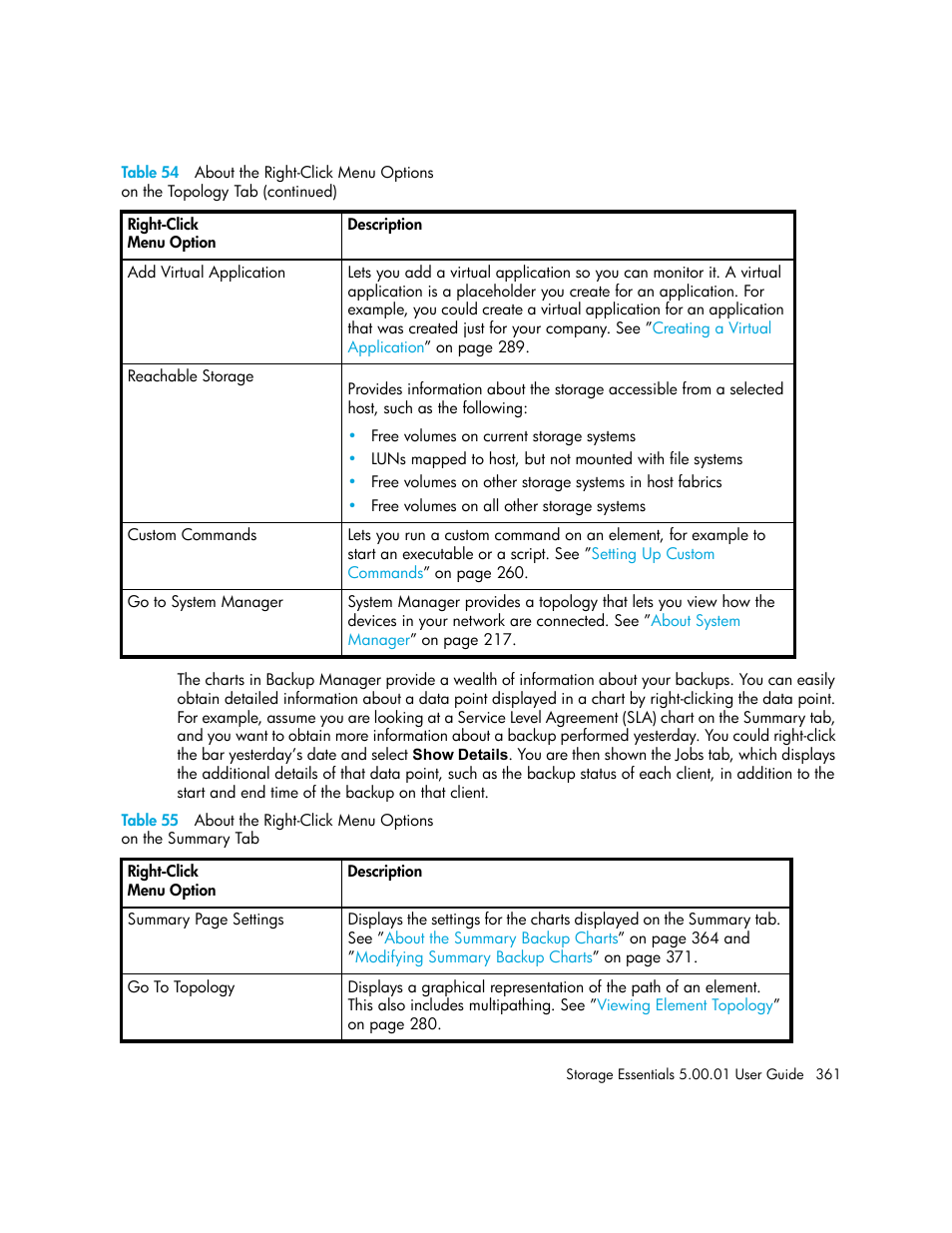 55 about the right-click menu options, On the summary tab361 | HP Storage Essentials NAS Manager Software User Manual | Page 391 / 702