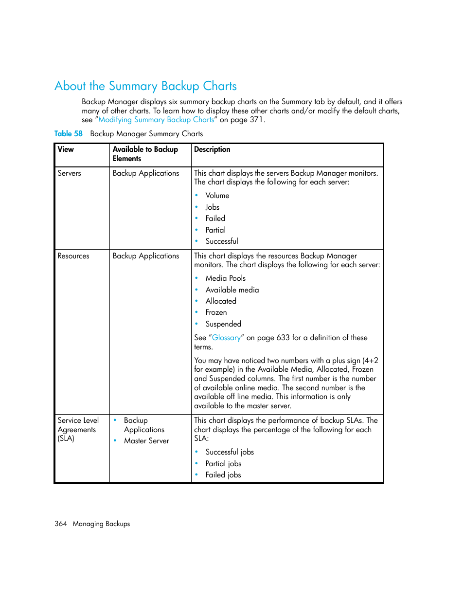 About the summary backup charts, 58 backup manager summary charts, About the summary | Backup charts, About the summary backup, Charts | HP Storage Essentials NAS Manager Software User Manual | Page 394 / 702