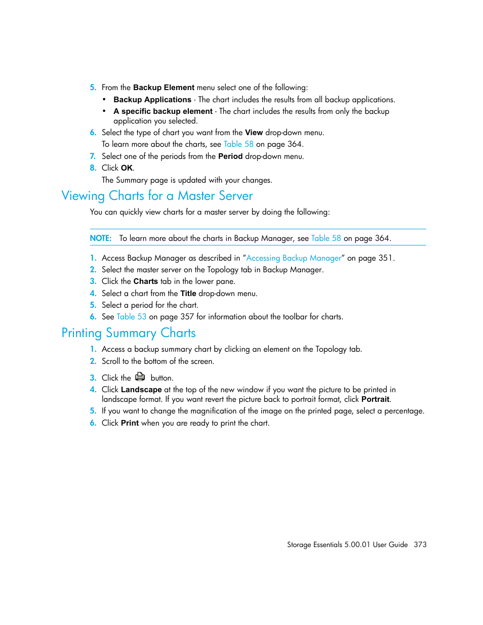 Viewing charts for a master server, Printing summary charts, Printing | Summary charts | HP Storage Essentials NAS Manager Software User Manual | Page 403 / 702