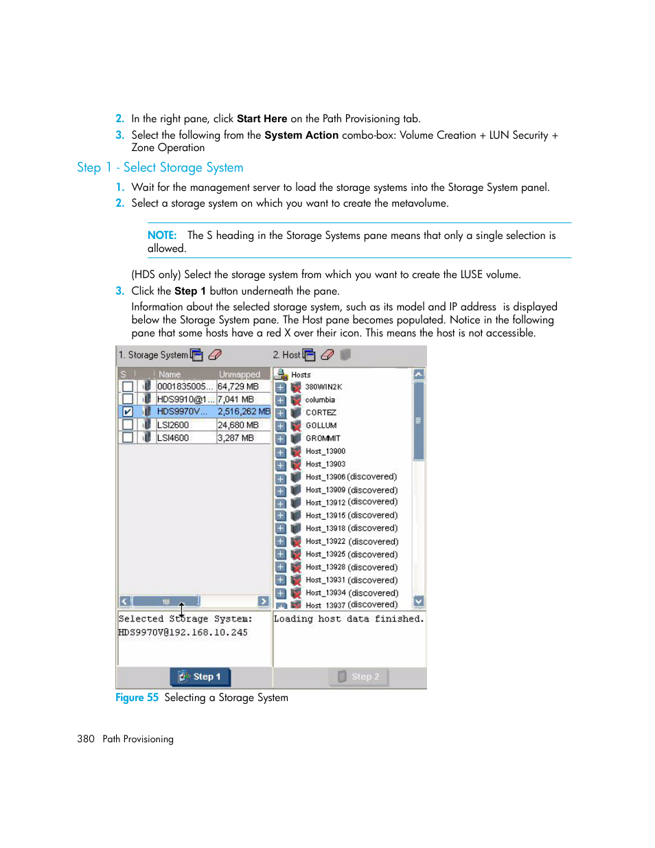 Step 1 - select storage system, 55 selecting a storage system | HP Storage Essentials NAS Manager Software User Manual | Page 410 / 702