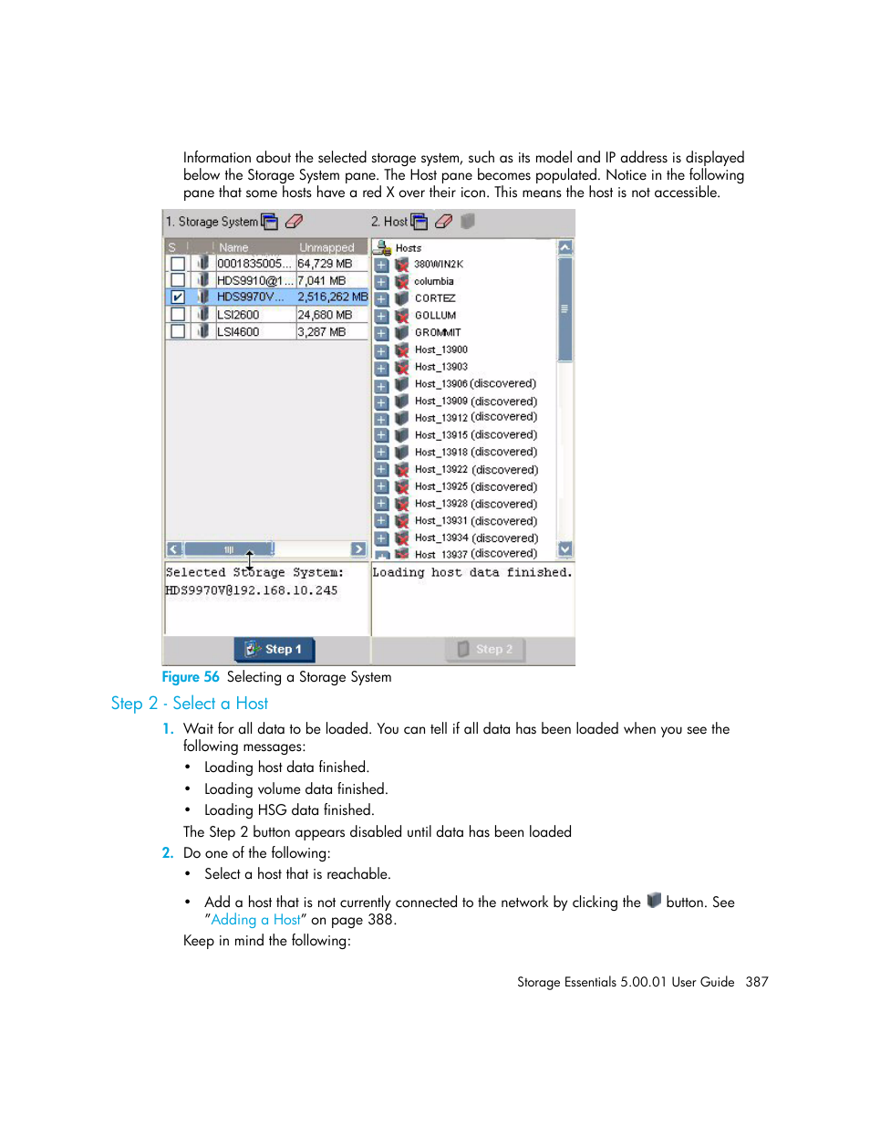 Step 2 - select a host, 56 selecting a storage system | HP Storage Essentials NAS Manager Software User Manual | Page 417 / 702