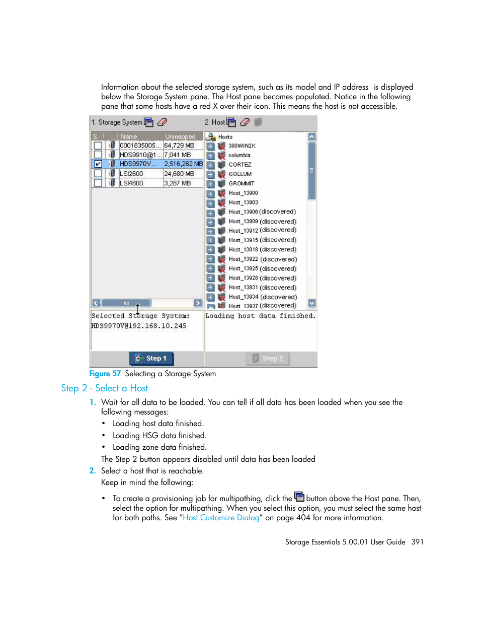 Step 2 - select a host, 57 selecting a storage system | HP Storage Essentials NAS Manager Software User Manual | Page 421 / 702