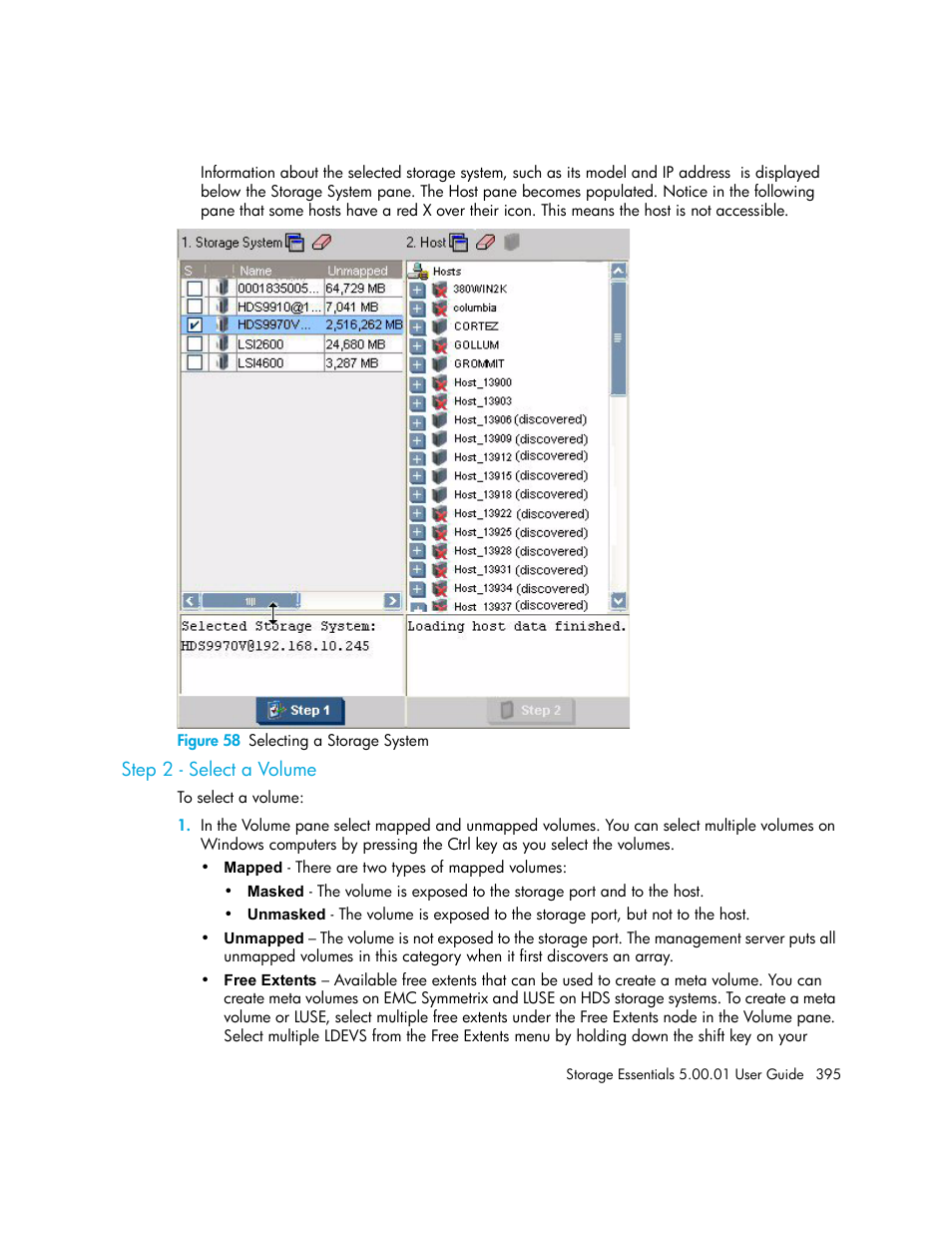 Step 2 - select a volume, 58 selecting a storage system | HP Storage Essentials NAS Manager Software User Manual | Page 425 / 702