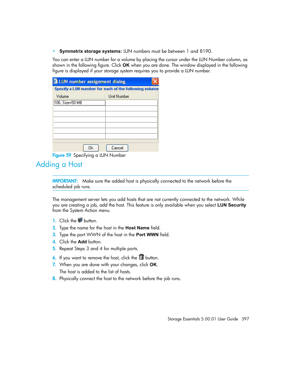 Adding a host, 59 specifying a lun number | HP Storage Essentials NAS Manager Software User Manual | Page 427 / 702