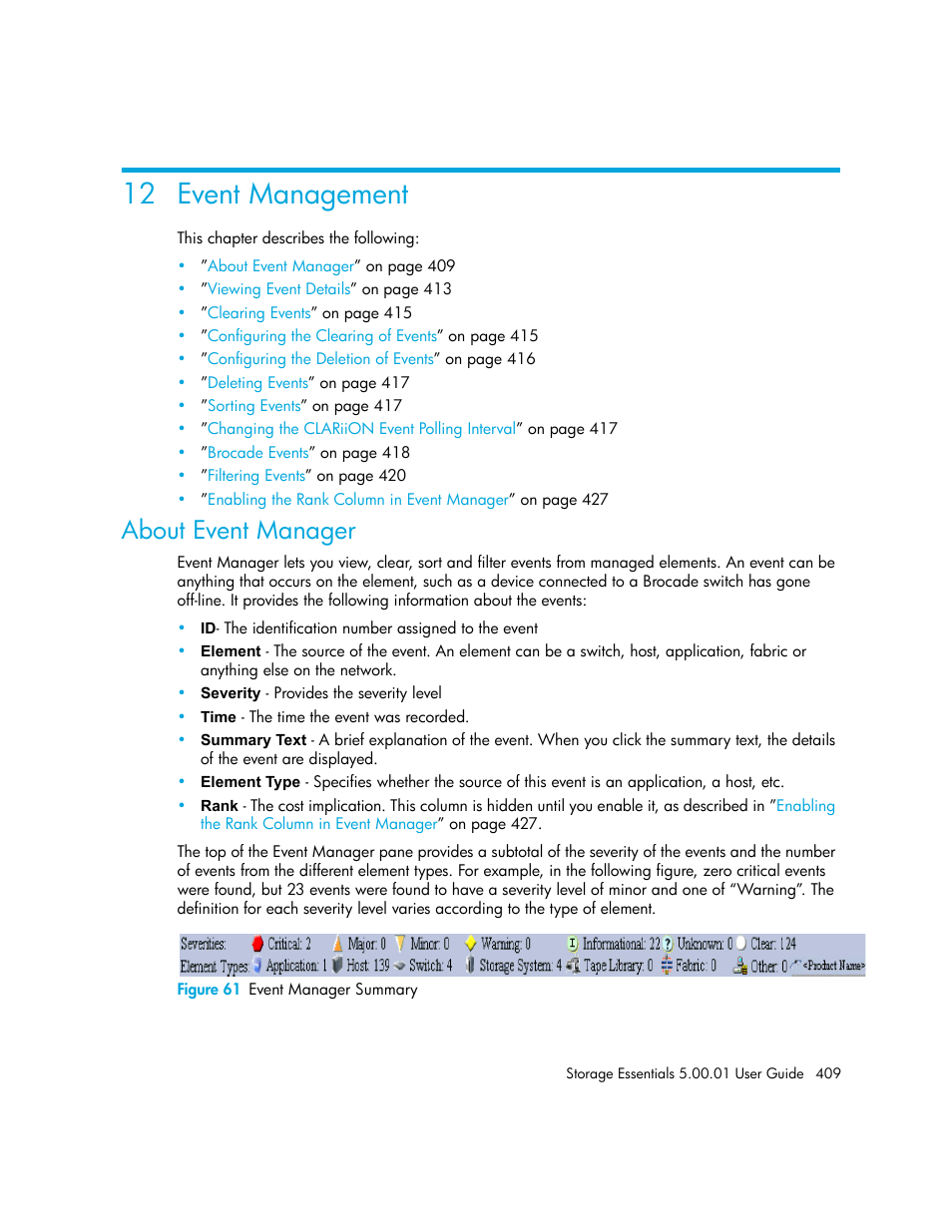 Event management, 12event management, About event manager | 61 event manager summary, About event, Manager, 12 event management | HP Storage Essentials NAS Manager Software User Manual | Page 439 / 702