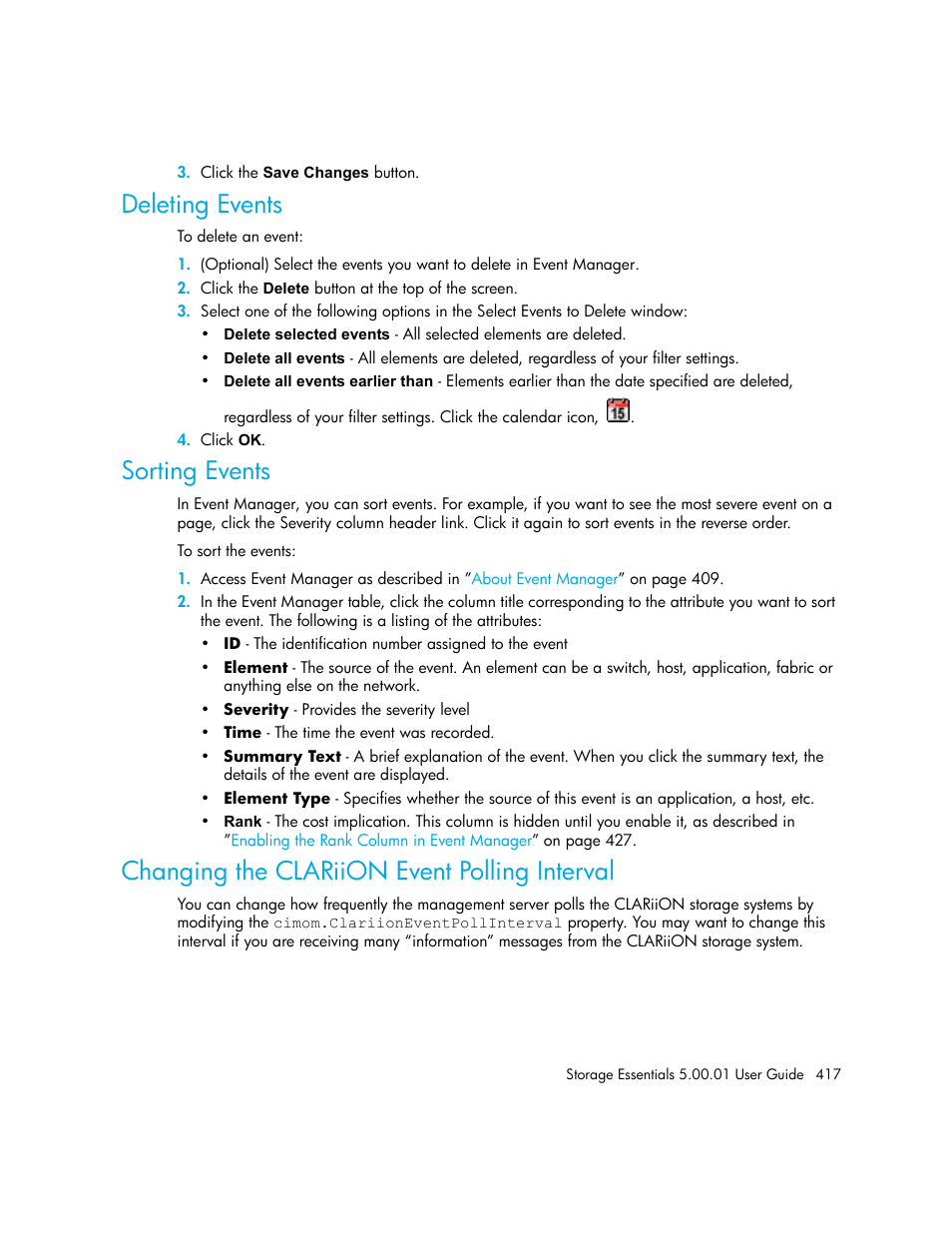 Deleting events, Sorting events, Changing the clariion event polling interval | HP Storage Essentials NAS Manager Software User Manual | Page 447 / 702