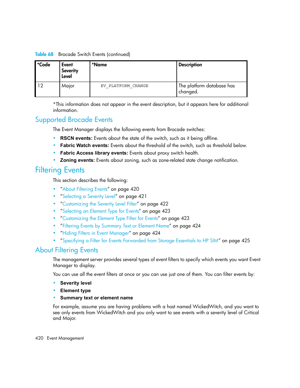 Supported brocade events, Filtering events, About filtering events | HP Storage Essentials NAS Manager Software User Manual | Page 450 / 702