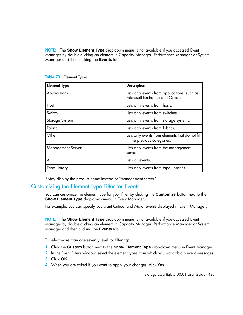 Customizing the element type filter for events, 70 element types | HP Storage Essentials NAS Manager Software User Manual | Page 453 / 702