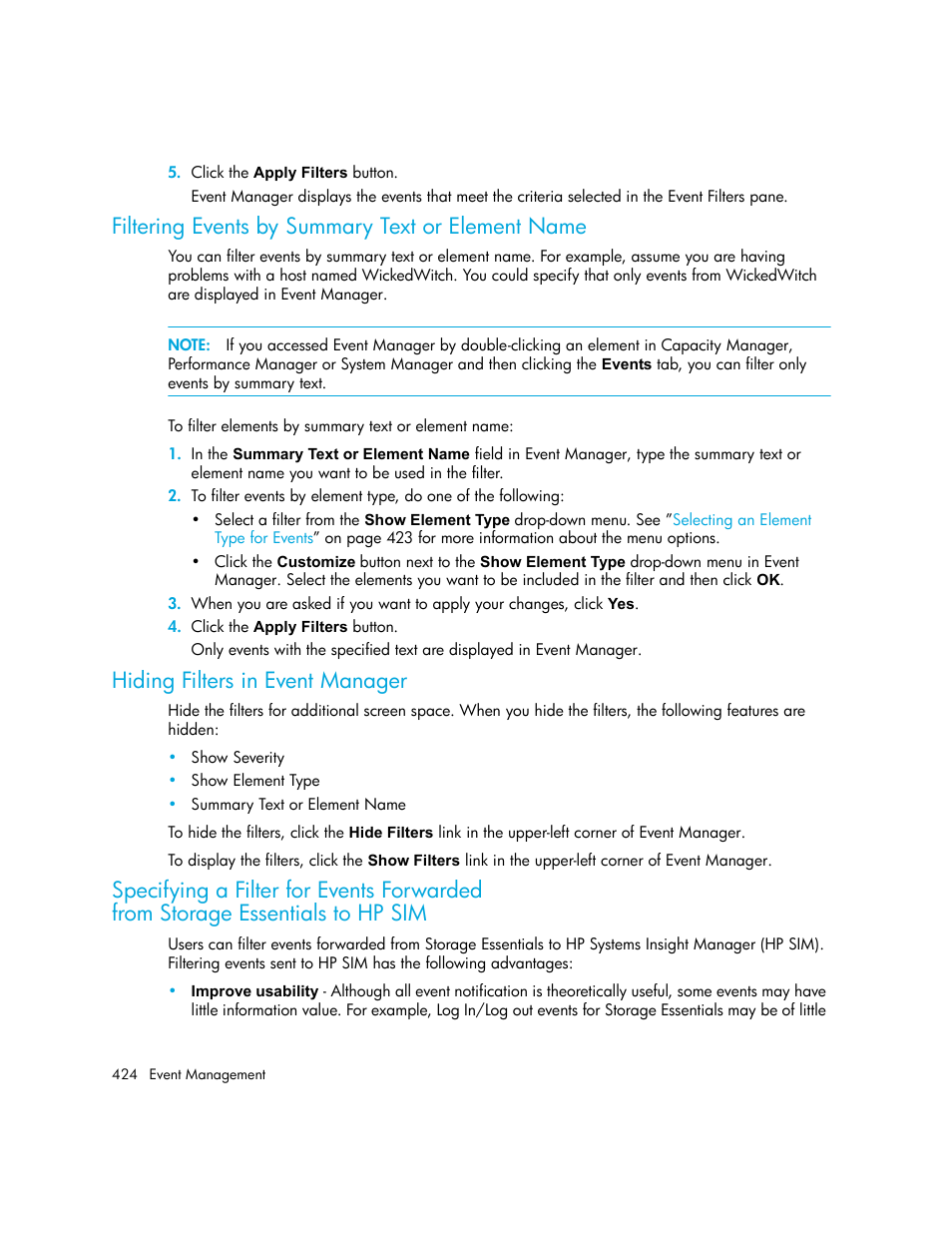 Filtering events by summary text or element name, Hiding filters in event manager, Specifying a filter for events forwarded | From storage essentials to hp sim | HP Storage Essentials NAS Manager Software User Manual | Page 454 / 702