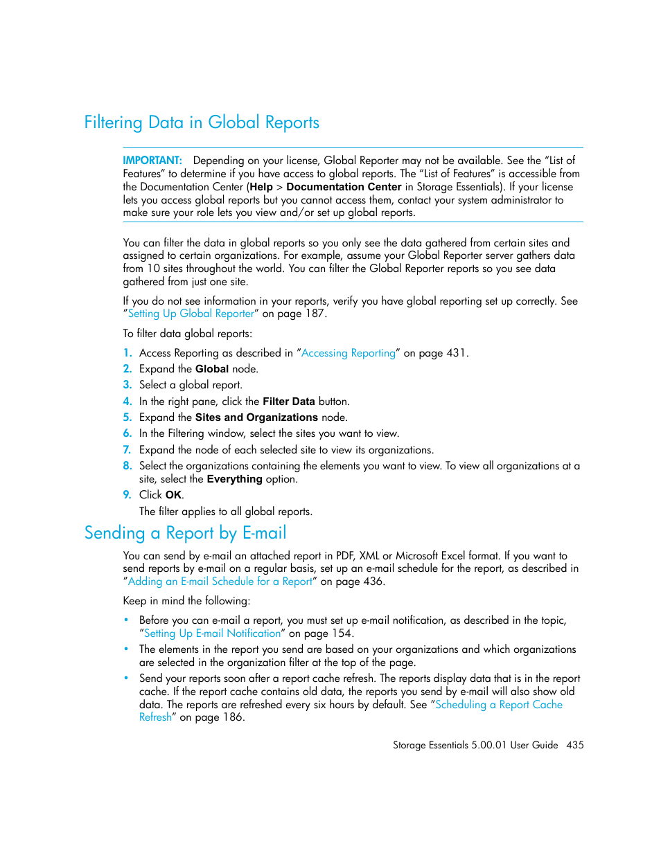 Filtering data in global reports, Sending a report by e-mail, Sending a report by | E-mail | HP Storage Essentials NAS Manager Software User Manual | Page 465 / 702