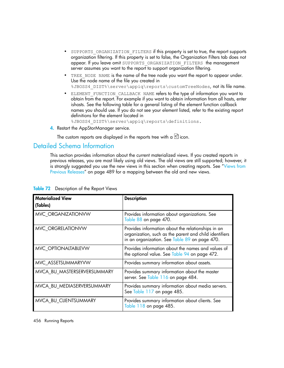 Detailed schema information, 72 description of the report views, Table 72 | HP Storage Essentials NAS Manager Software User Manual | Page 486 / 702