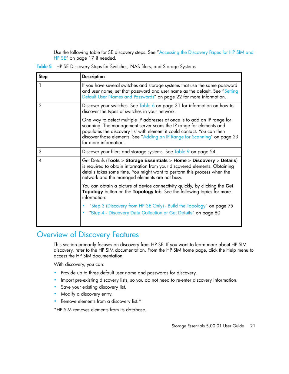 Overview of discovery features, Table 5 | HP Storage Essentials NAS Manager Software User Manual | Page 51 / 702