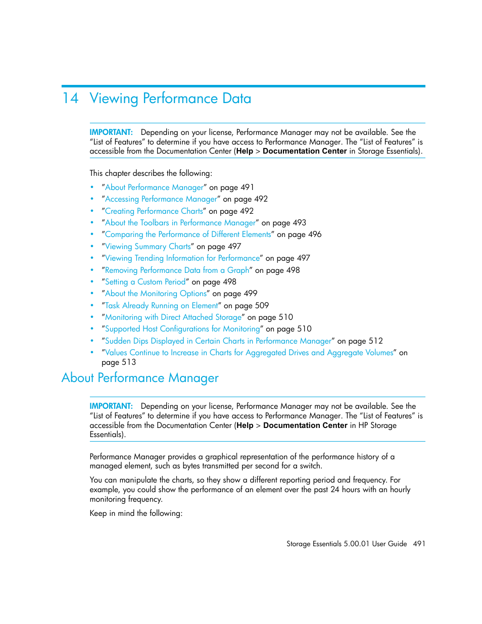 Viewing performance data, 14viewing performance data, About performance manager | 14 viewing performance data | HP Storage Essentials NAS Manager Software User Manual | Page 521 / 702