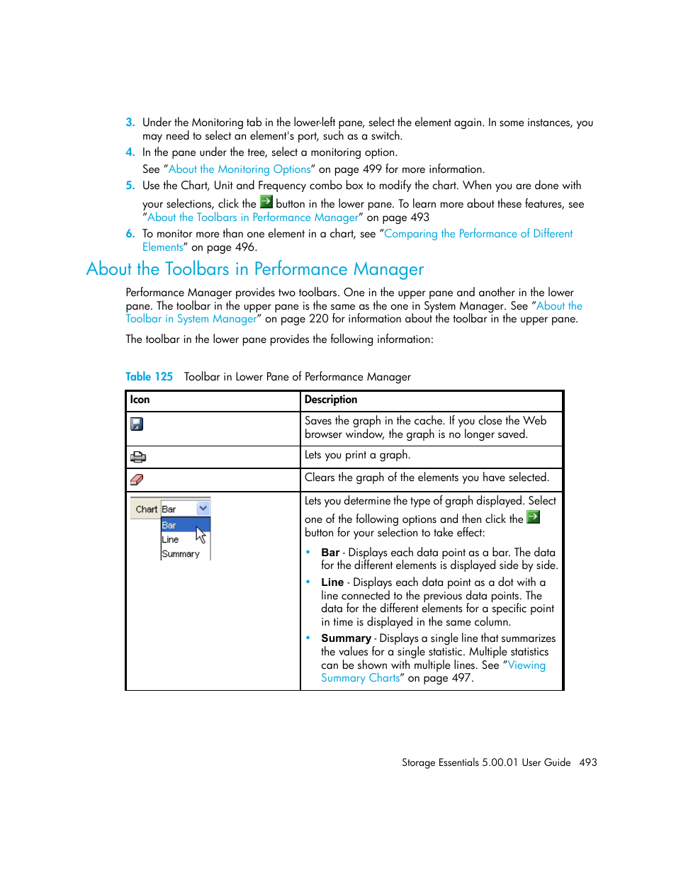 About the toolbars in performance manager, 125 toolbar in lower pane of performance manager, About the toolbars in performance | Manager | HP Storage Essentials NAS Manager Software User Manual | Page 523 / 702