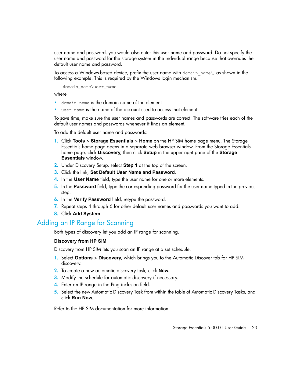 Adding an ip range for scanning, Discovery from hp sim, Adding an ip range for | Scanning | HP Storage Essentials NAS Manager Software User Manual | Page 53 / 702