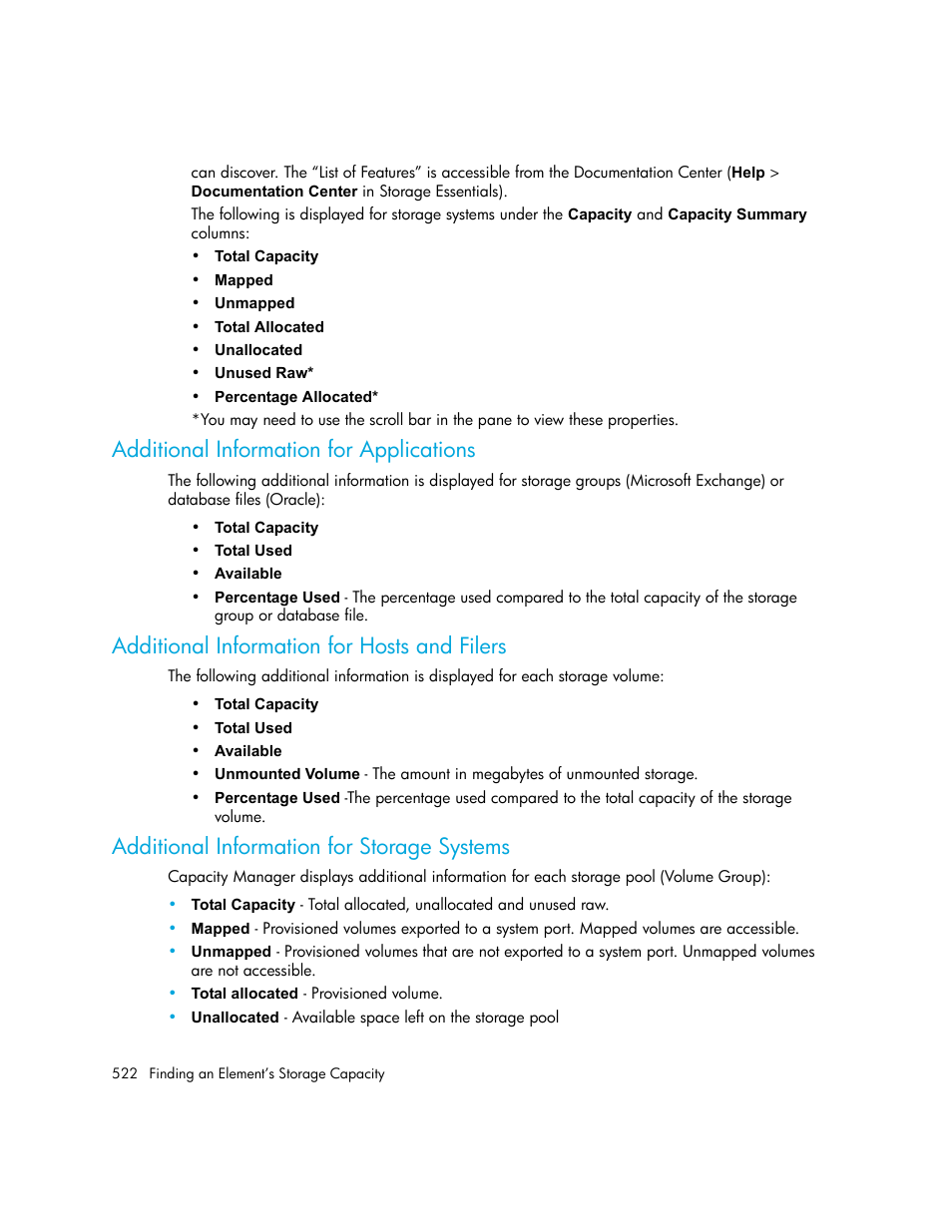 Additional information for applications, Additional information for hosts and filers, Additional information for storage systems | HP Storage Essentials NAS Manager Software User Manual | Page 552 / 702