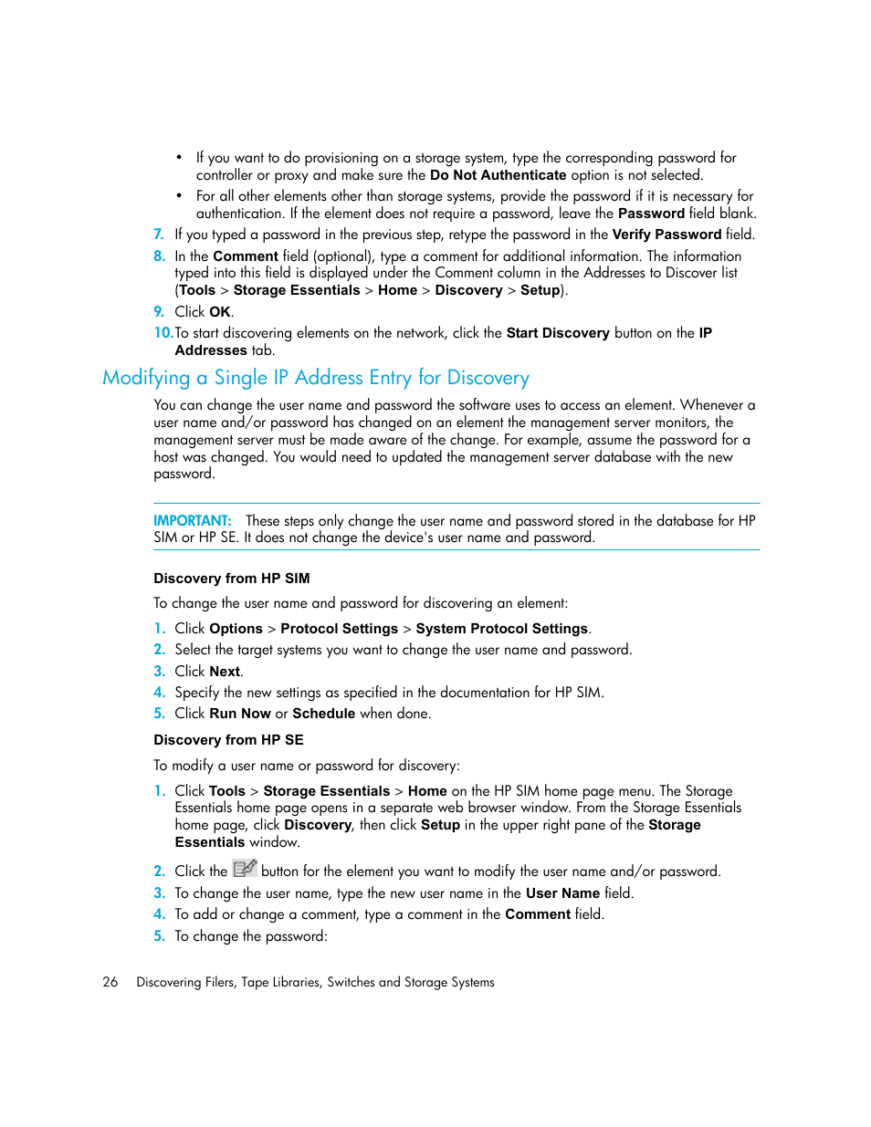 Modifying a single ip address entry for discovery, Discovery from hp sim discovery from hp se | HP Storage Essentials NAS Manager Software User Manual | Page 56 / 702