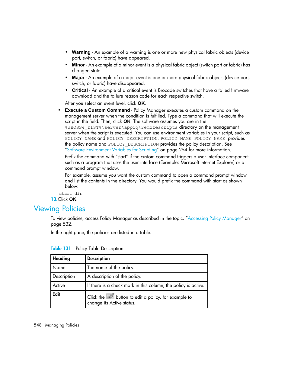 Viewing policies, 131 policy table description | HP Storage Essentials NAS Manager Software User Manual | Page 578 / 702