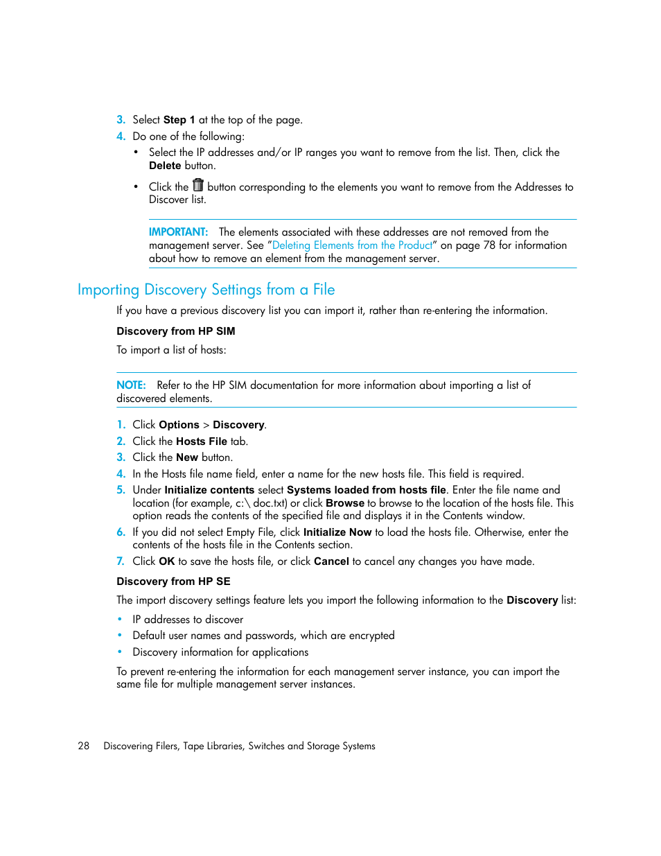 Importing discovery settings from a file, Discovery from hp sim discovery from hp se | HP Storage Essentials NAS Manager Software User Manual | Page 58 / 702