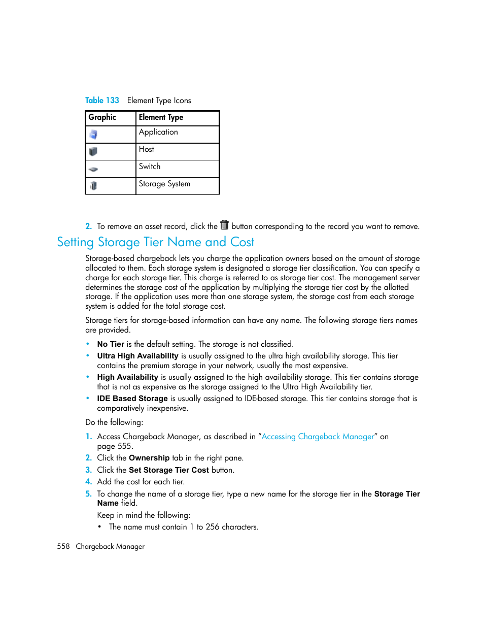 Setting storage tier name and cost, 133 element type icons, Table 133 | HP Storage Essentials NAS Manager Software User Manual | Page 588 / 702