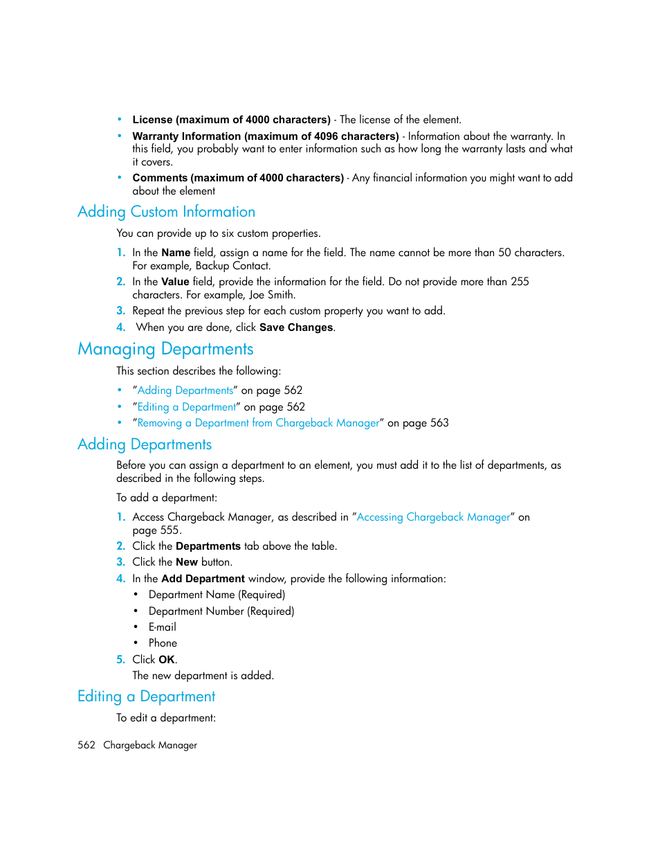 Adding custom information, Managing departments, Adding departments | Editing a department | HP Storage Essentials NAS Manager Software User Manual | Page 592 / 702