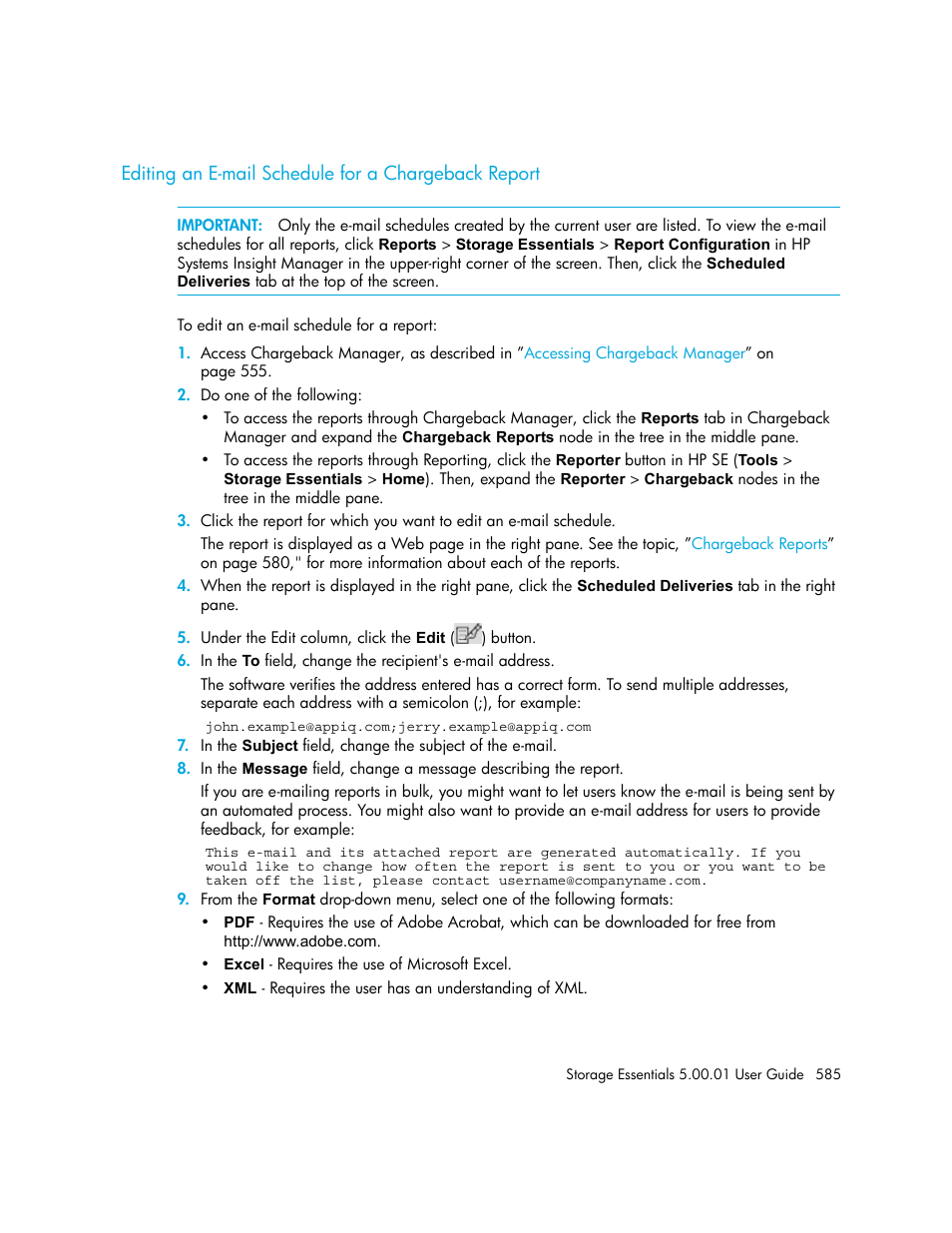 Editing an e-mail schedule for a chargeback report | HP Storage Essentials NAS Manager Software User Manual | Page 615 / 702