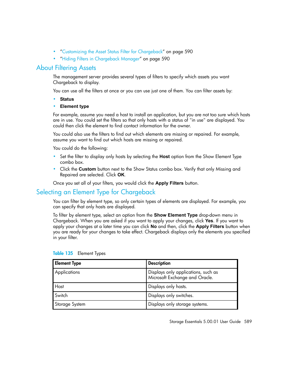 About filtering assets, Selecting an element type for chargeback, 135 element types | HP Storage Essentials NAS Manager Software User Manual | Page 619 / 702