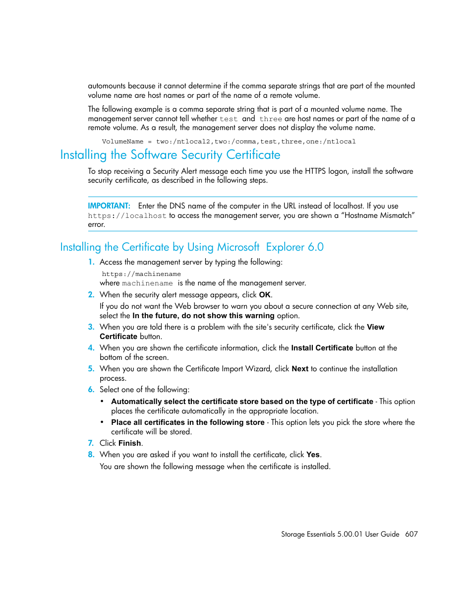 Installing the software security certificate | HP Storage Essentials NAS Manager Software User Manual | Page 637 / 702