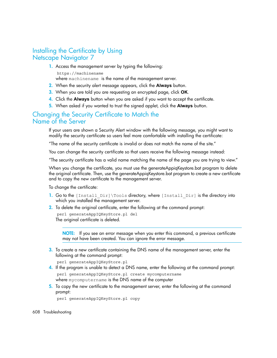 Installing the certificate by using, Netscape navigator 7, Changing the security certificate to match the | Name of the server | HP Storage Essentials NAS Manager Software User Manual | Page 638 / 702