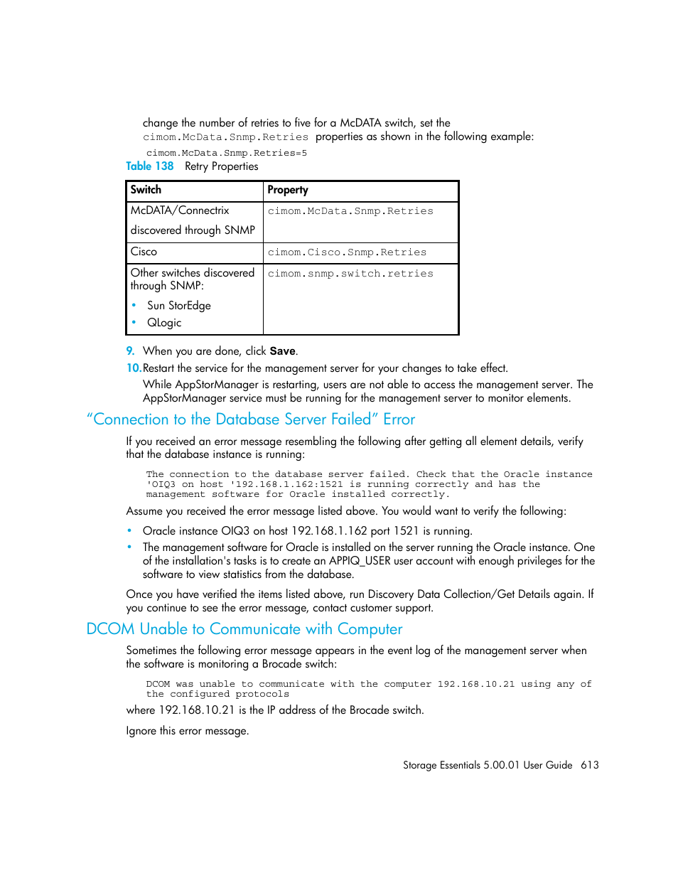 Connection to the database server failed” error, Dcom unable to communicate with computer, 138 retry properties | Table 138 | HP Storage Essentials NAS Manager Software User Manual | Page 643 / 702