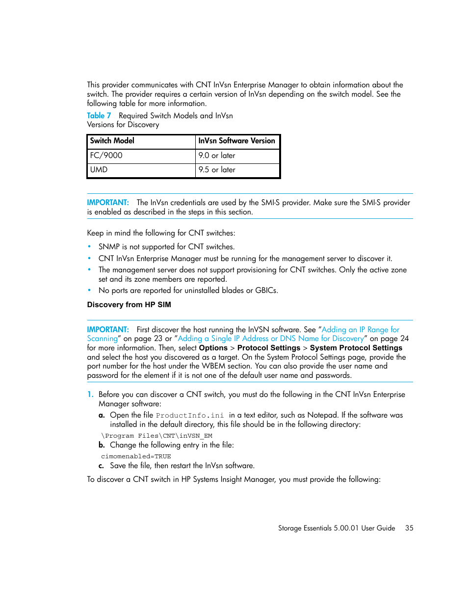 Discovery from hp sim, 7 required, Switch | Models and invsn, Versions for discovery35 | HP Storage Essentials NAS Manager Software User Manual | Page 65 / 702