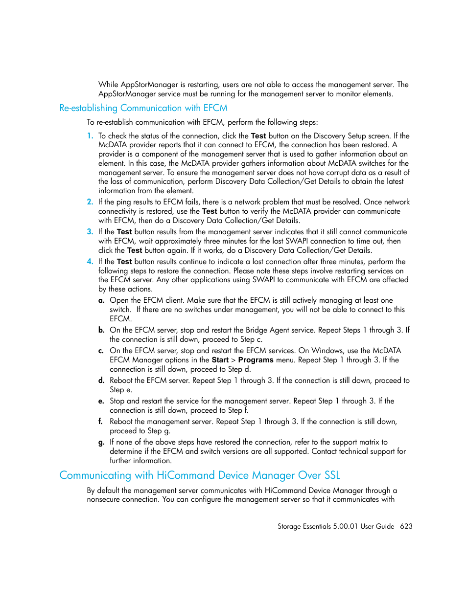 Re-establishing communication with efcm, Communicating with, Hicommand device manager over ssl | HP Storage Essentials NAS Manager Software User Manual | Page 653 / 702