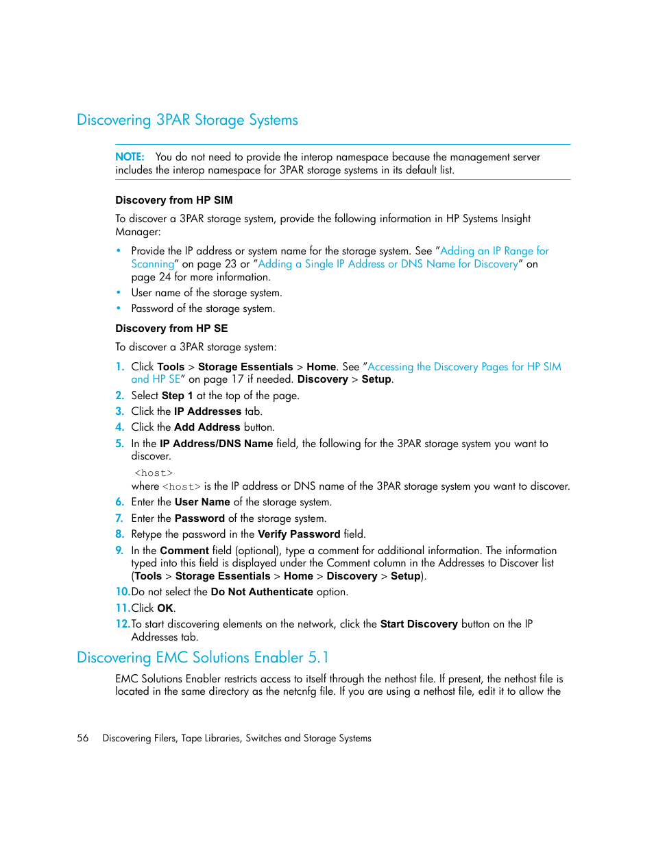 Discovering 3par storage systems, Discovery from hp sim discovery from hp se, Discovering emc solutions enabler 5.1 | Discovering emc solutions, Enabler 5.1, Discovering 3par storage, Systems | HP Storage Essentials NAS Manager Software User Manual | Page 86 / 702