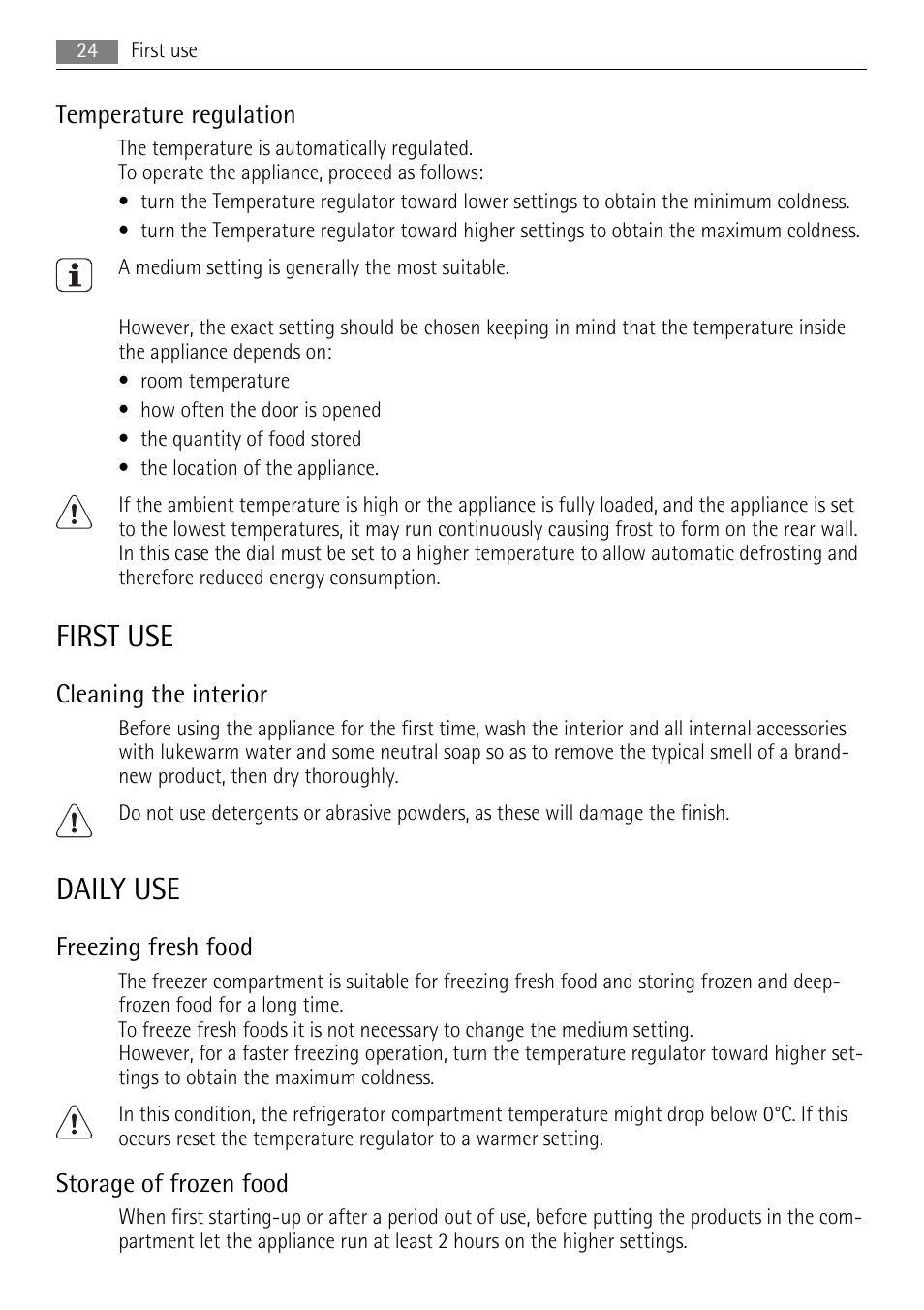 First use, Daily use, Temperature regulation | Cleaning the interior, Freezing fresh food, Storage of frozen food | AEG SKS58840S0 User Manual | Page 24 / 72