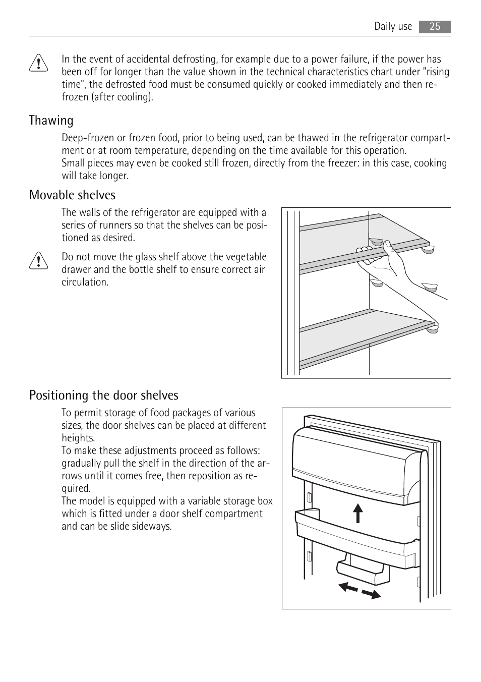 Thawing, Movable shelves, Positioning the door shelves | AEG SKS58840S0 User Manual | Page 25 / 72