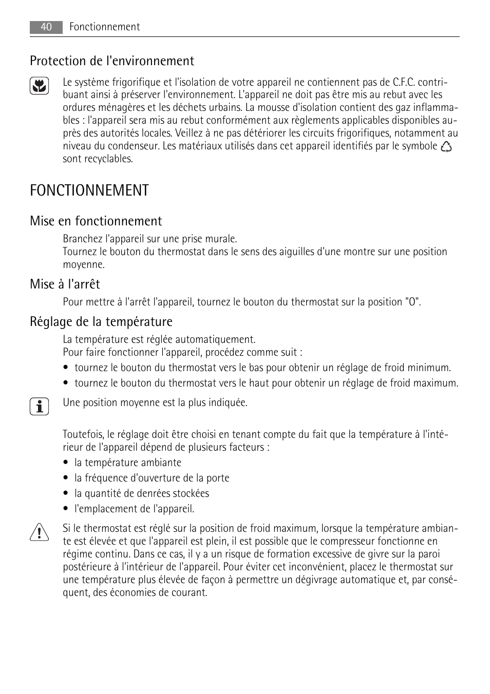 Fonctionnement, Protection de l'environnement, Mise en fonctionnement | Mise à l'arrêt, Réglage de la température | AEG SKS58840S0 User Manual | Page 40 / 72