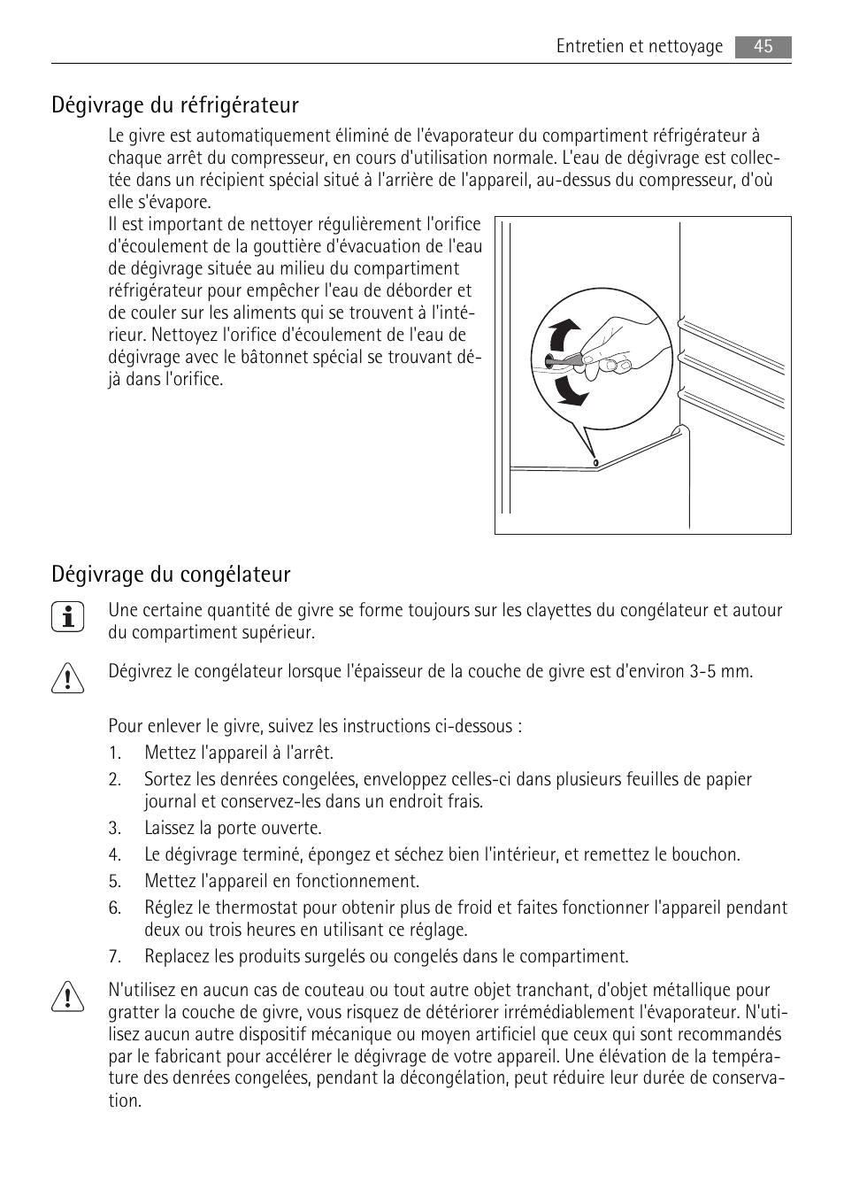 Dégivrage du réfrigérateur, Dégivrage du congélateur | AEG SKS58840S0 User Manual | Page 45 / 72