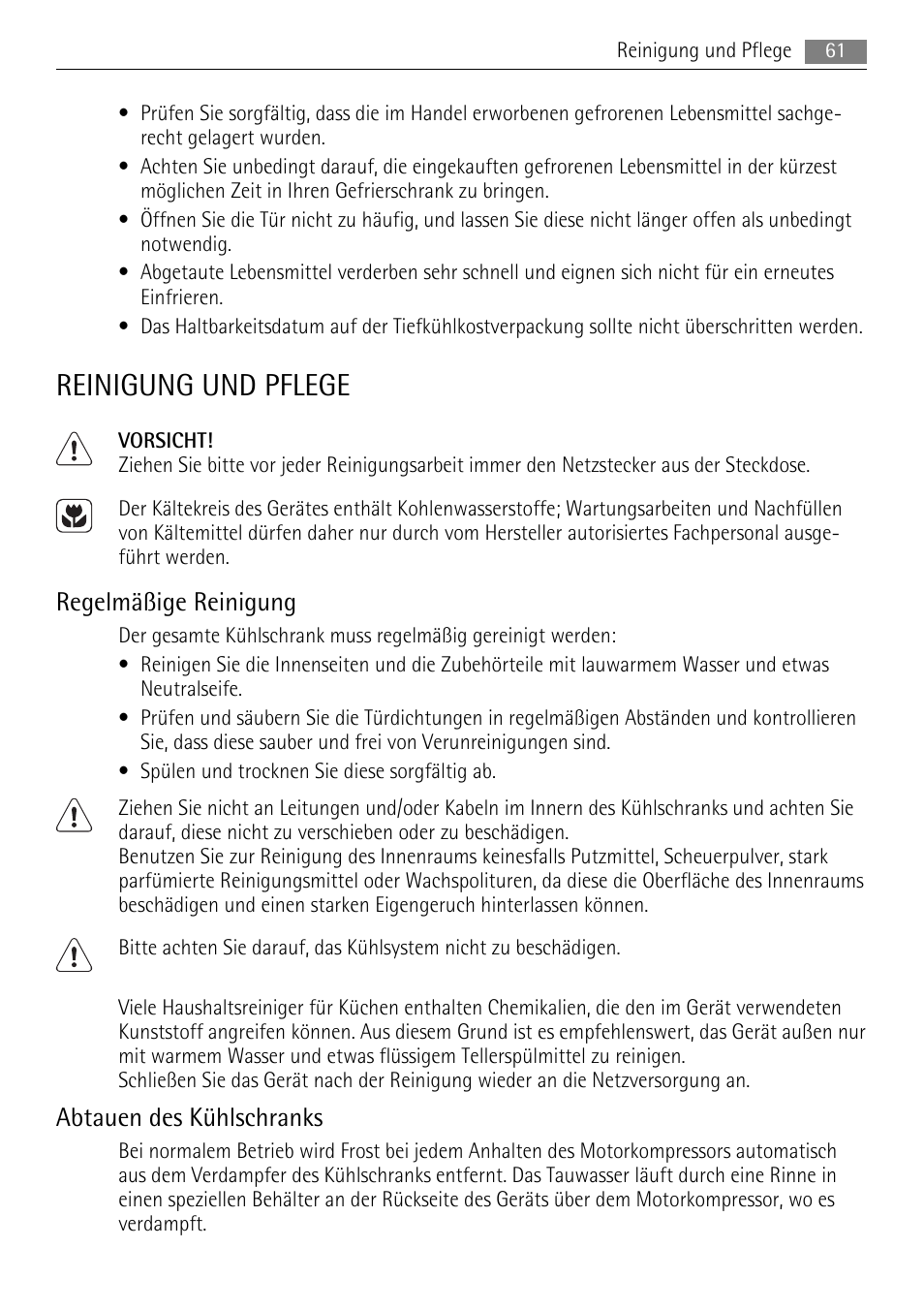 Reinigung und pflege, Regelmäßige reinigung, Abtauen des kühlschranks | AEG SKS58840S0 User Manual | Page 61 / 72