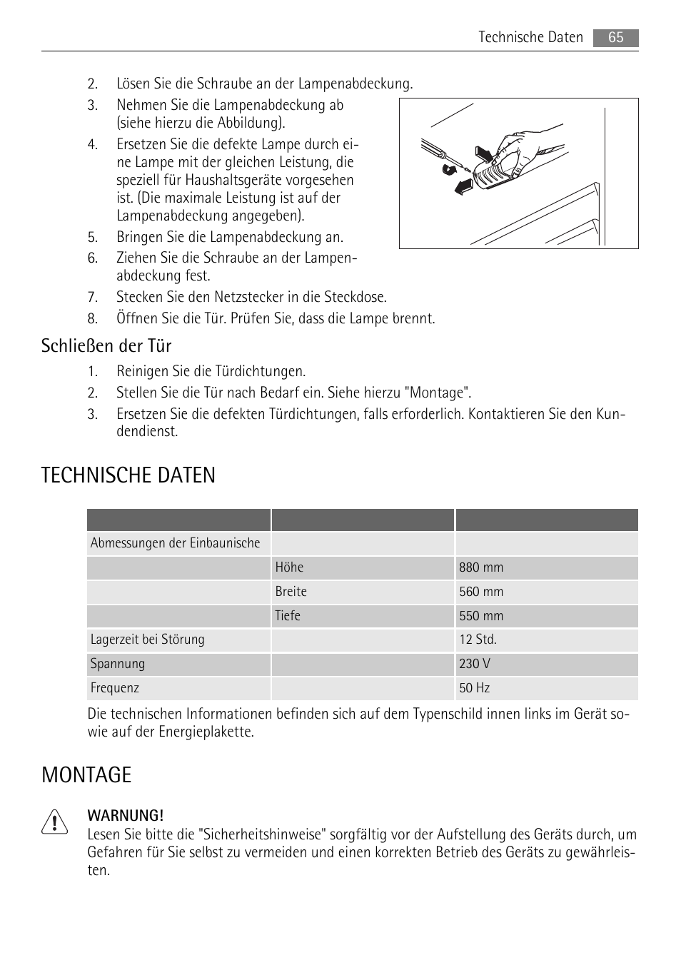 Technische daten, Montage, Schließen der tür | AEG SKS58840S0 User Manual | Page 65 / 72
