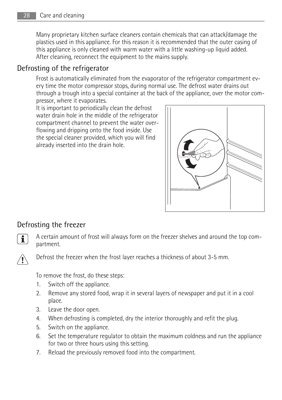 Defrosting of the refrigerator, Defrosting the freezer | AEG SKS58840X0 User Manual | Page 28 / 72