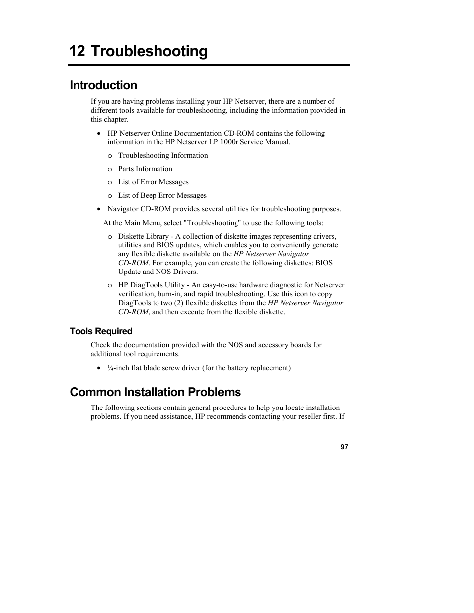 12 troubleshooting, Introduction, Tools required | Common installation problems, Troubleshooting | HP Netserver L Server series User Manual | Page 103 / 140